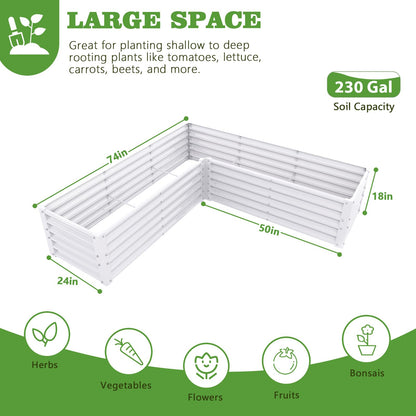 A ANLEOLIFE L-Shaped Galvanized Raised Garden Beds Outdoor,74x74x18in Large Metal Planter Box for Planting Vegetables Flowers Herb, Anti-Rust & Easy-Setup, Antique White