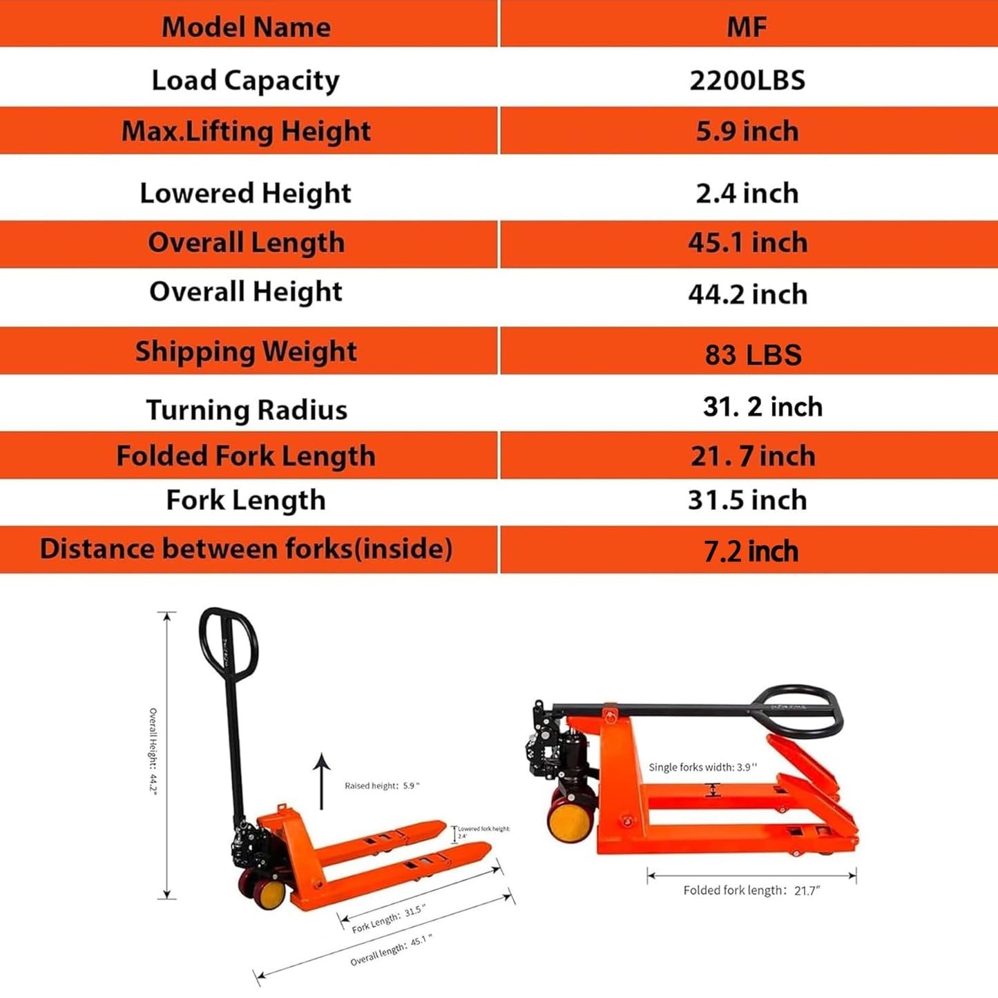 Tory Carrier Narrow Pallet Truck, Manual Hand Truck, Mini Pallet Jack, Foldable Handle and Forks 2200lbs Capacity 31.5" Lx15 W Froks
