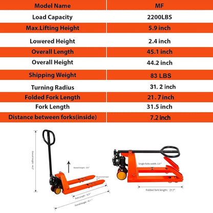 Tory Carrier Narrow Pallet Truck, Manual Hand Truck, Mini Pallet Jack, Foldable Handle and Forks 2200lbs Capacity 31.5" Lx15 W Froks