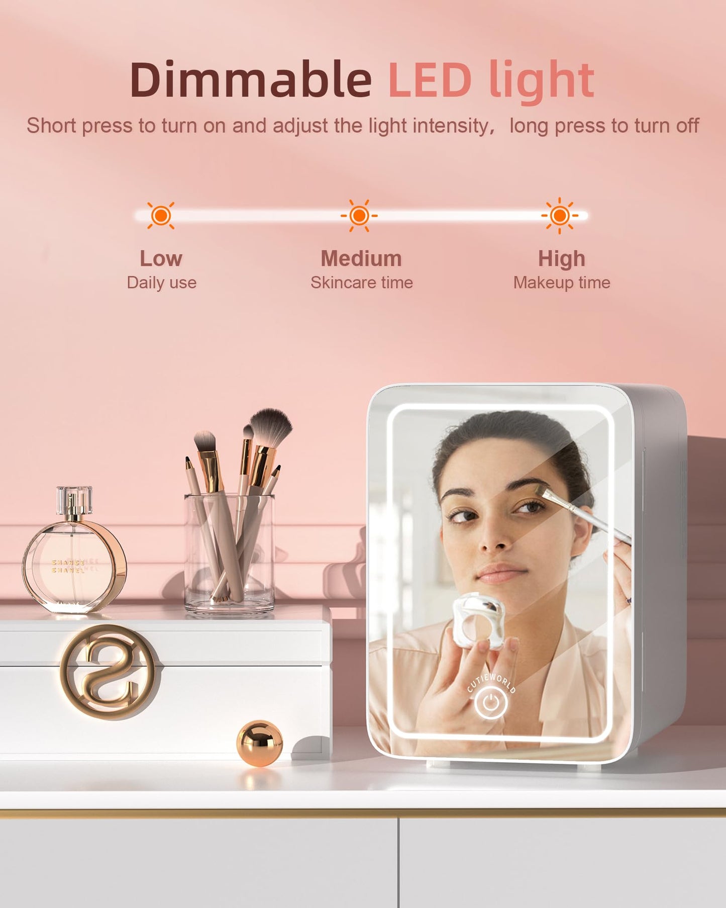 Skincare Fridge With Dimmable LED Light Mirror, 4L Mini Fridge For Desktop, Travel or Cool & Heat, Makeup Fridge for Cosmetics, Skin Care and Food, Green