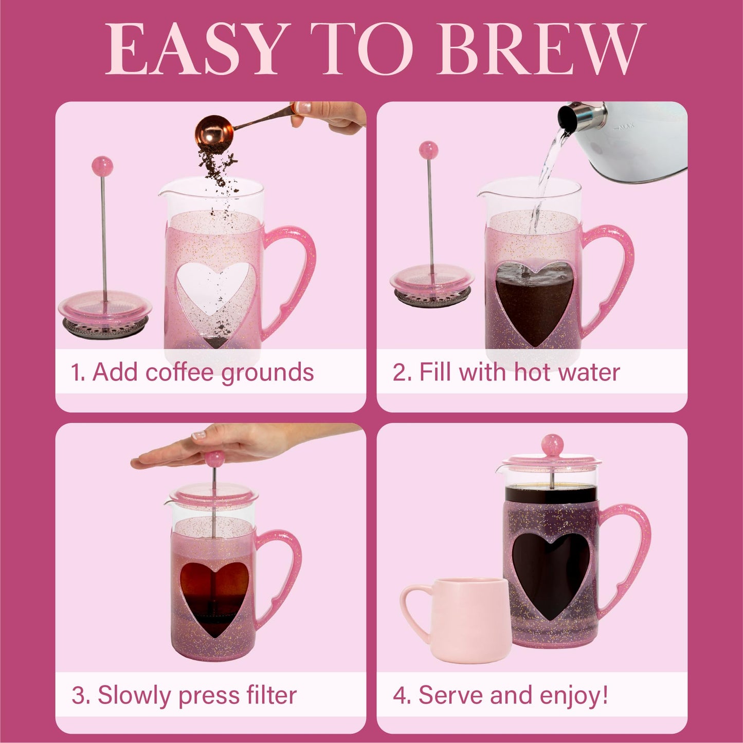 Paris Hilton 8-Cup French Press Coffee Maker, Durable Borosilicate Glass with Stainless Steel Filter, Heat-Resistant Design for Daily Use, 34-Ounce, Pink