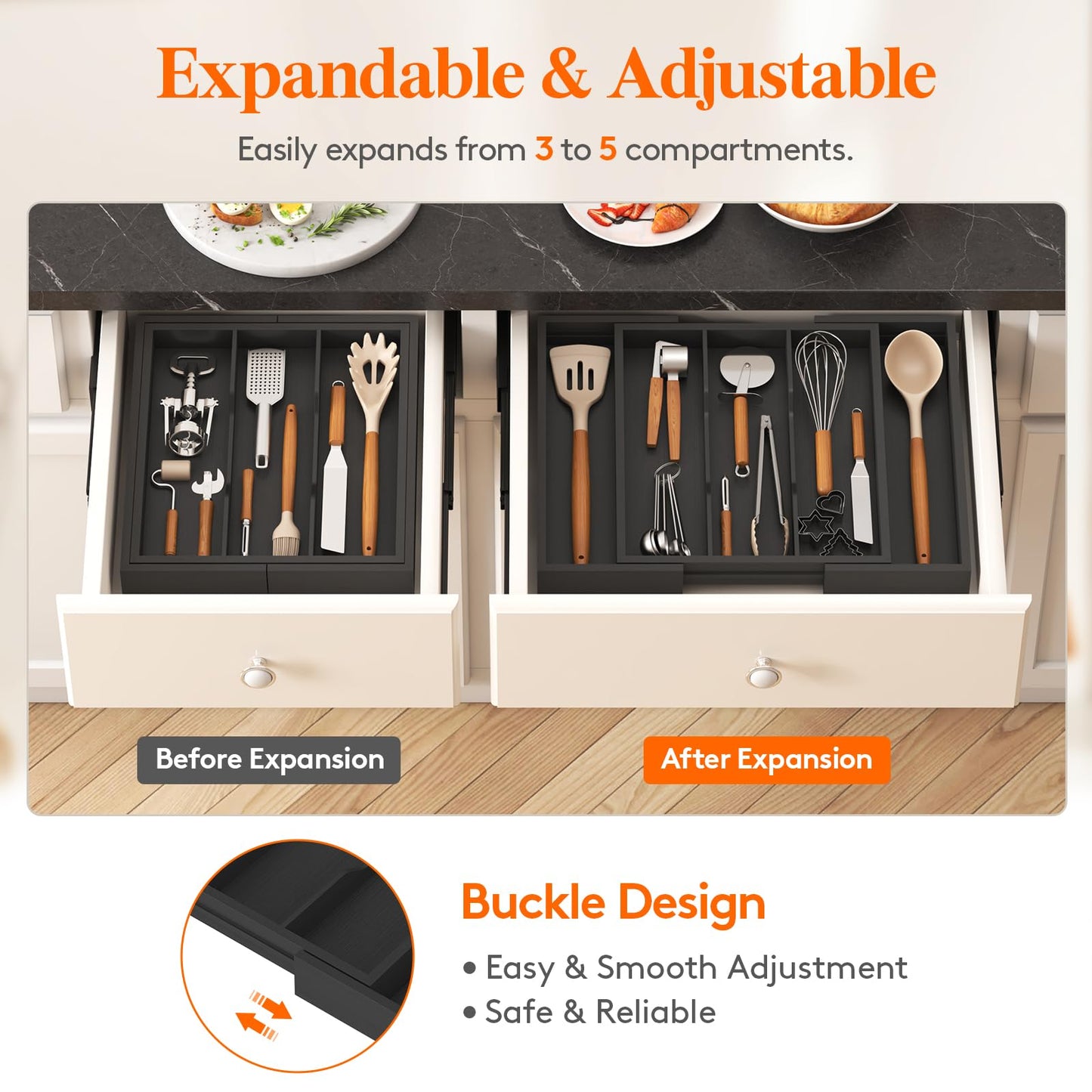 Lifewit Utensil Organizer for Kitchen Drawer, Expandable 13 to 22.4 Inches Wide, Adjustable Cooking Silverware Tray, Bamboo Cutlery Flatware Holder, Spatula Tools and Gadgets Storage Divider, Natural