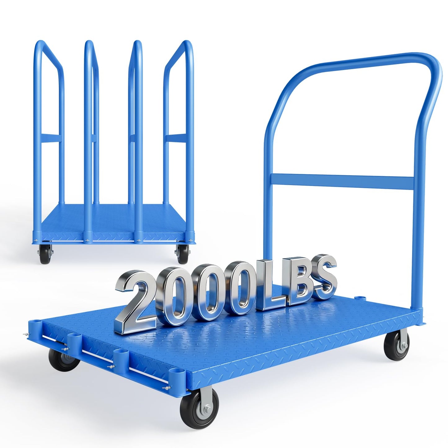 2000LBS Heavy Duty Folding Platform Truck - Q235 Steel Flatbed Hand Truck - 4 Swivel Wheels (2 Brakes) - Collapsible Push Cart Dolly for Warehouse, Workshop, Industrial Moving
