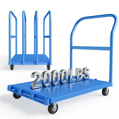 2000LBS Heavy Duty Folding Platform Truck - Q235 Steel Flatbed Hand Truck - 4 Swivel Wheels (2 Brakes) - Collapsible Push Cart Dolly for Warehouse, Workshop, Industrial Moving