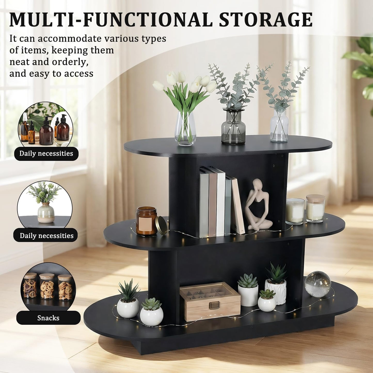 3 Tier Wooden Oval Display Table Modern Standing Display Riser Shelf Retail Table for Stores Vendor Events 55in W x 23.6in D x 35in H