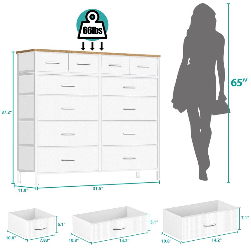 VASICAR Compact 12 Drawers Dresser for Bedroom, Fabric Storage Tower, Chest of Drawers with Retro Wood Top for Closet, Nursery, Living Room