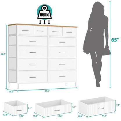 VASICAR Compact 12 Drawers Dresser for Bedroom, Fabric Storage Tower, Chest of Drawers with Retro Wood Top for Closet, Nursery, Living Room