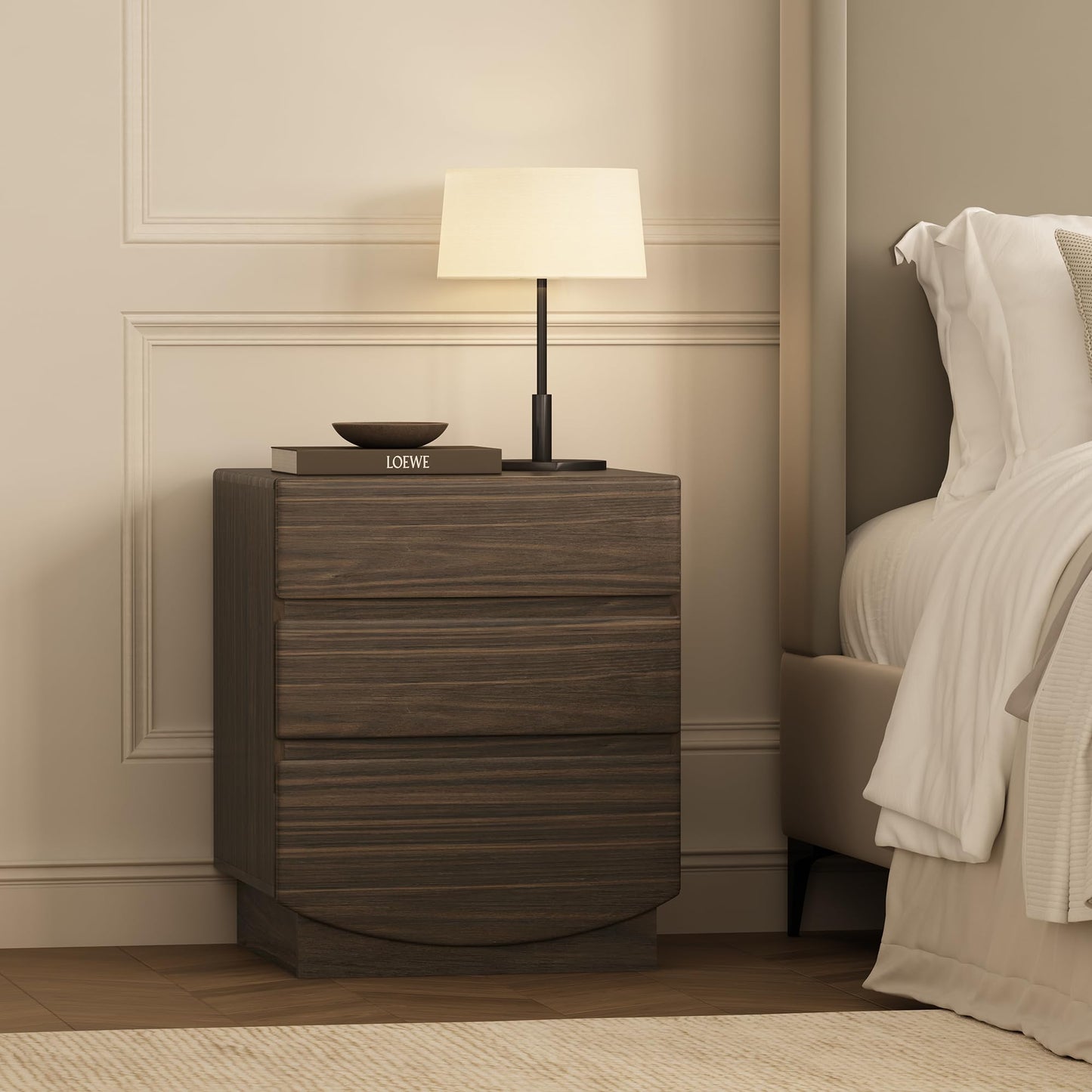 Manhattan Comfort Ardea Modern Nightstand with 3 Smooth-Glide Drawers, Compact Contemporary Bedside Table with Handle-Less Fronts, Rounded Edges, Walnut