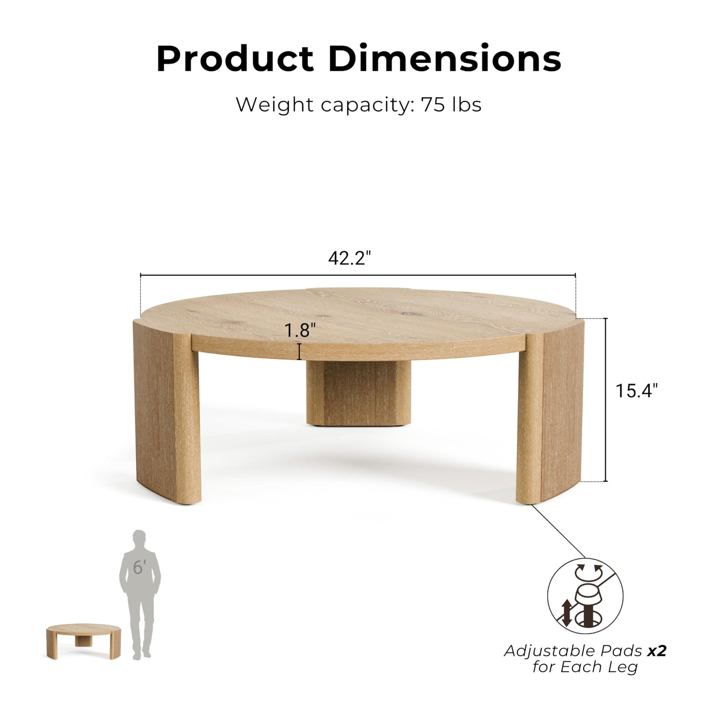 Furniture of America Carys 42” Round Coffee Table, Solid Rubberwood & Oak Veneer, Modern Wood Living Room Table with Plinth Base, Oak Finish