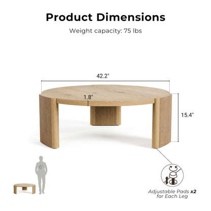 Furniture of America Carys 42” Round Coffee Table, Solid Rubberwood & Oak Veneer, Modern Wood Living Room Table with Plinth Base, Oak Finish