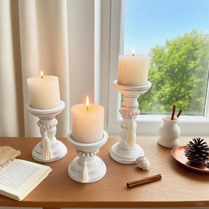 cachiv Wood Candle Holders for Pillar Set of 3 Rustic Candles Holder Tall Candlestick Stand for Farmhouse Decor Fireplace Table Centerpieces