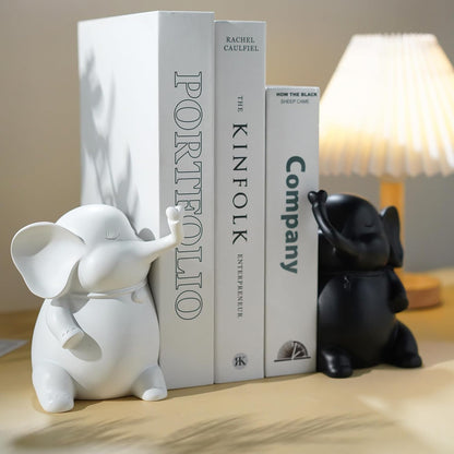 5" YU FENG Adorable Elephant Bookends in Black&White Resin Unique Cute Book Ends for Home Bedroom Desk Bookshelf