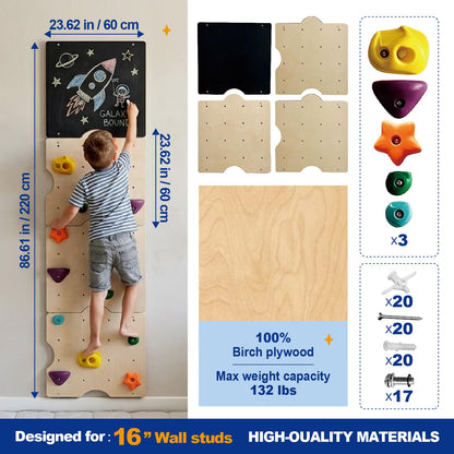 kidi house Rock Climbing Wall for Kids with 15 Rock Climbing Holds – Wooden Kids Indoor Climbing Wall with Drawing Blackboard, Pre-Drilled Nuts, Home Gym Kids Playroom Montessori Rock Wall Panel