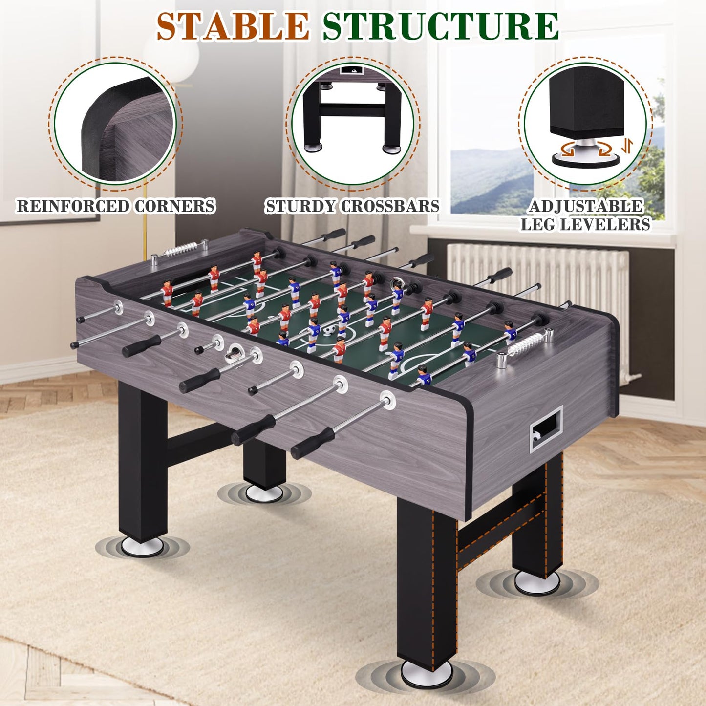 58 Inch Large Size Foosball Table Adult Size, Full Size Soccer Game Table w/2 Balls, Leg Levelers & Heavy-Duty Legs, Durable Arcade Football Table for Game Room, Home, Office, Party