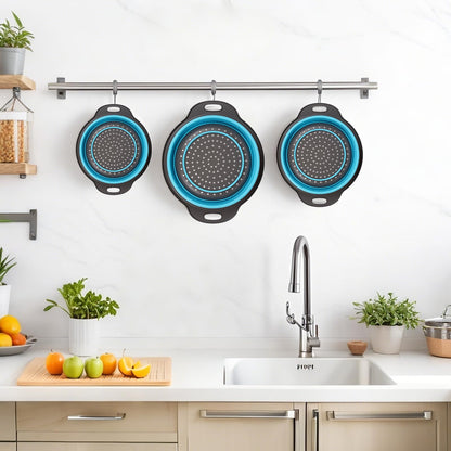 Cluren Collapsible Colander 3-Pack Set Space-Saving Foldable Kitchen Strainer with Non-Slip Base Durable Thickened PP+TPE Collapsible Strainers for Pasta, Vegetables, Fruits (Gray-Blue)