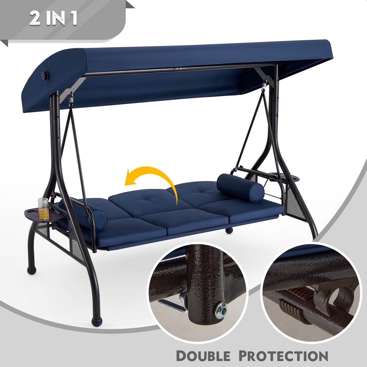 HOMREST 3 Seat Outdoor Porch Swing with Adjustable Canopy, Convertible Patio Swing Bed with Stand, Patio Glider Swing with Upgraded Cup Holder, Thicken Cushions ＆ Pillow for Backyard(Blue)