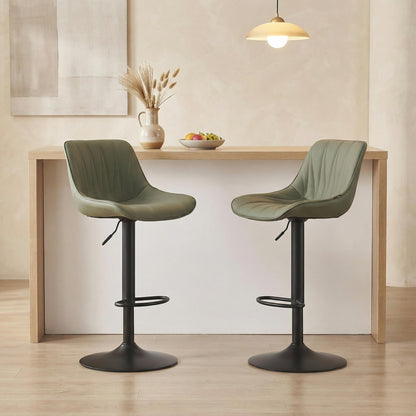 YOUNIKE Bar Stools Set of 2, Faux Leather Padded Bar Stool Counter Height Swivel Bar Chairs, Adjustable Barstools with Back for Kitchen Island, Modern Tall Bar Stools, Olive Green
