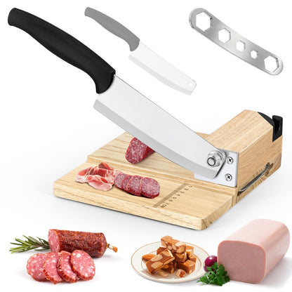 Moongiantgo Biltong Slicer Jerky Slicer Cutter with Built-in Knife Sharpener Detachable Knife Rubber Wood Base for Beef Jerky Deli Delicatessen Bacon Hard Fruits Vegetables Herb Ginseng Pastry