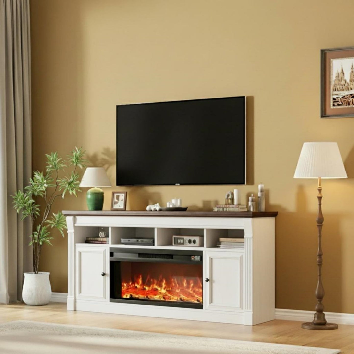 GarveeLife 68" Fireplace TV Stand for TVs Up to 75", Entertainment Center with 36'' Corded Electric Fireplace, Remote Controlled Realistic 3D Flame, Console Table with Storage Shelves, White & Brown