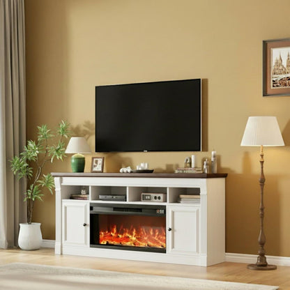 GarveeLife 68" Fireplace TV Stand for TVs Up to 75", Entertainment Center with 36'' Corded Electric Fireplace, Remote Controlled Realistic 3D Flame, Console Table with Storage Shelves, White & Brown