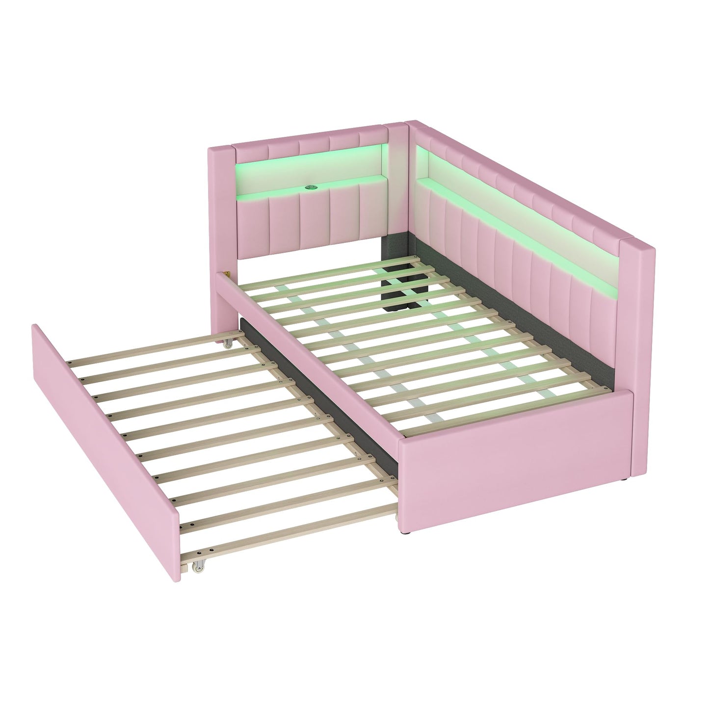 Bellemave Twin Size Upholstered Daybed with Trundle and USB/LED Belt, Corner Bed with Trundle. L-Shape daybed for Bedroom Living Room, Pink（Linen）