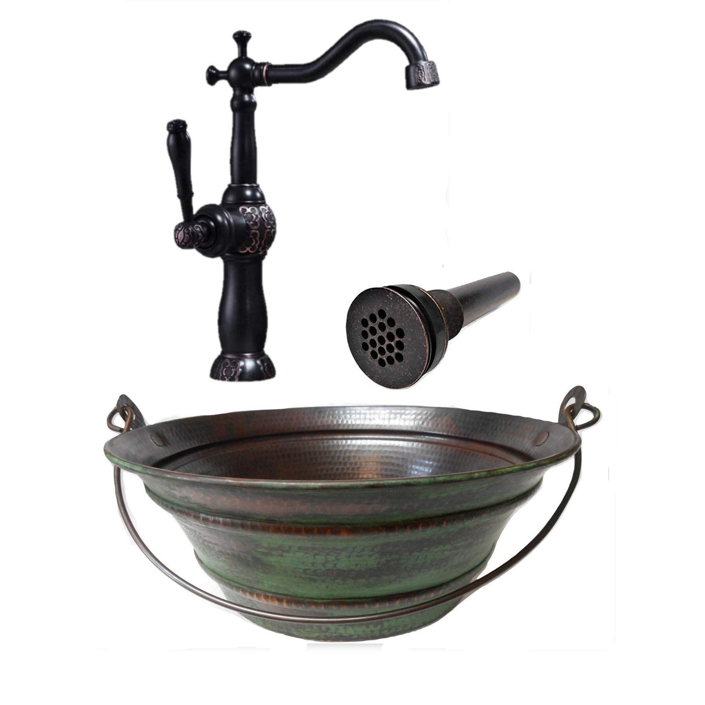 Simply Copper15" Round Copper Bucket Vessel Sink with Green Patina, Grid Drain, and 13" Clayborne ORB Faucet