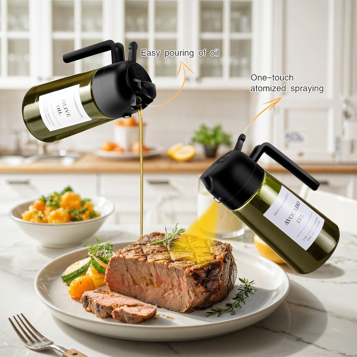 Oil Sprayer for Cooking 2pcs,2 in 1 Oil Dispenser and Oils Sprayer Kitchen Gadgets-16oz Glass Oils Spray Bottle,Mist Olive OilDispenser,Air Fryer,Salad,Grill (White Kitchen Accessories)