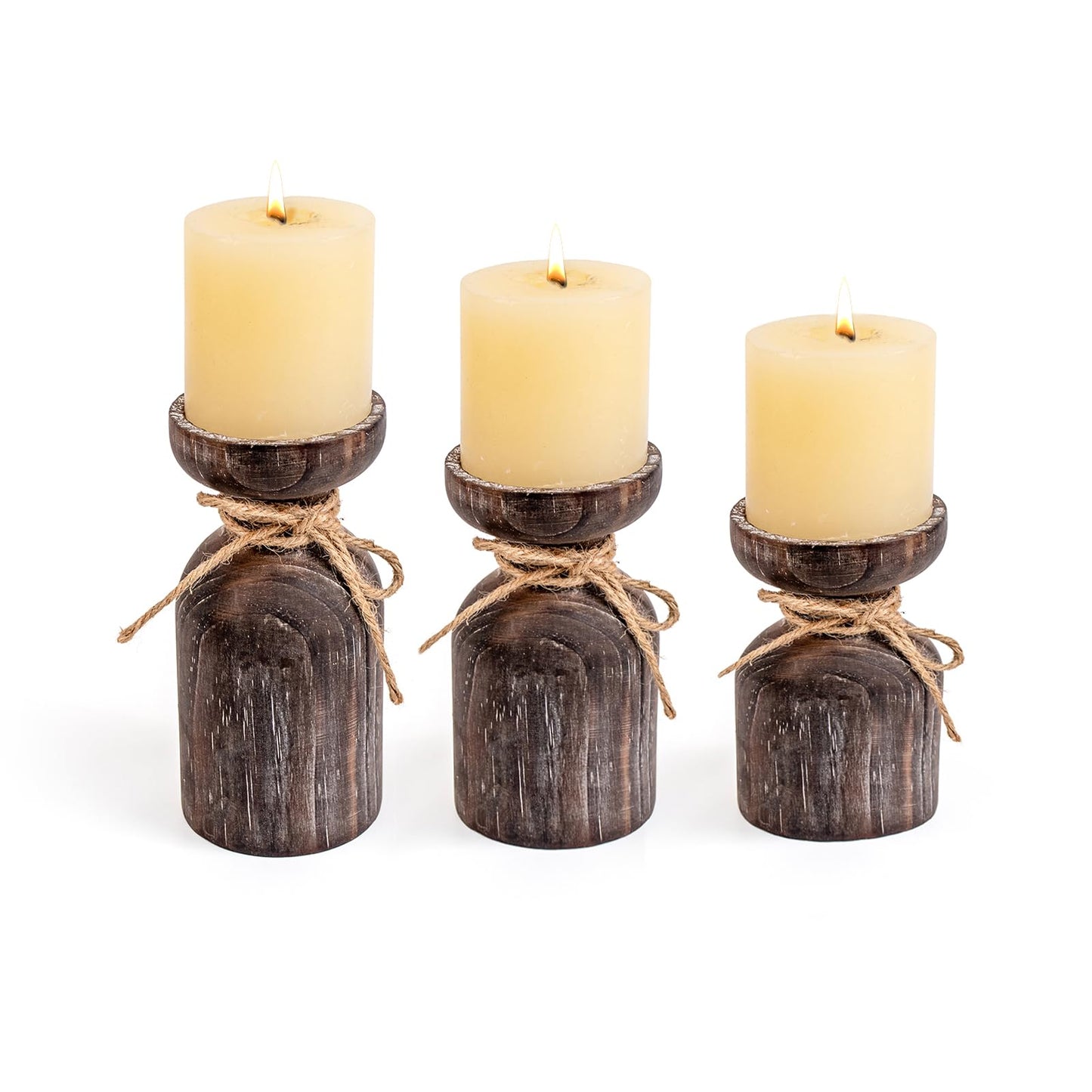 Farmhouse Wooden Candle Holders for Pillar Candles, Brown Distressed Set of 3 Rustic Wood Pillar Wood Candle Stands with Hemp Rope Bow Table Centerpiece Decor for Fireplace, Living, and Dining Room