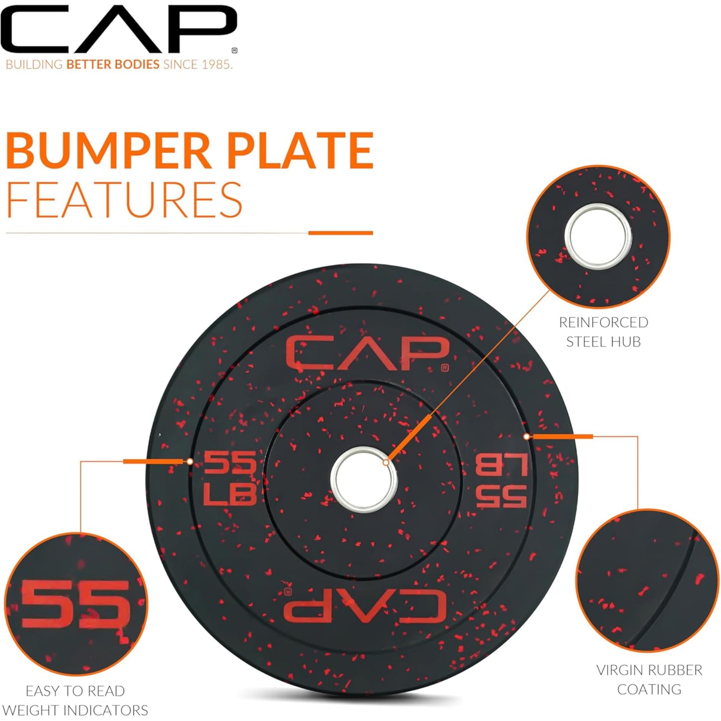 CAP Barbell 370 lb Economy - Speckled Olympic Weight Set with 7ft Chrome Barbell & Black Bumper Plates with Color Logo