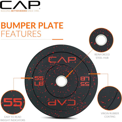 CAP Barbell 370 lb Economy - Speckled Olympic Weight Set with 7ft Chrome Barbell & Black Bumper Plates with Color Logo