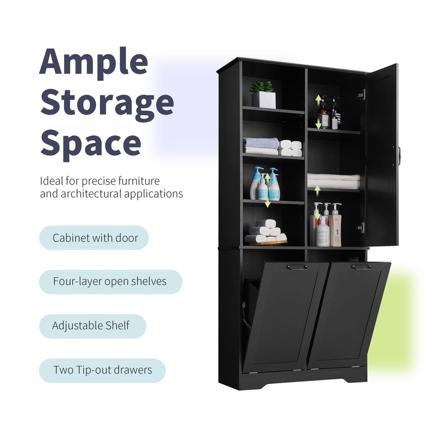 Tall Storage Cabinet with Door and Open Shelf, Multi-Functional Laundry Hamper Basket for Home Bathroom, Laundry Room, Black