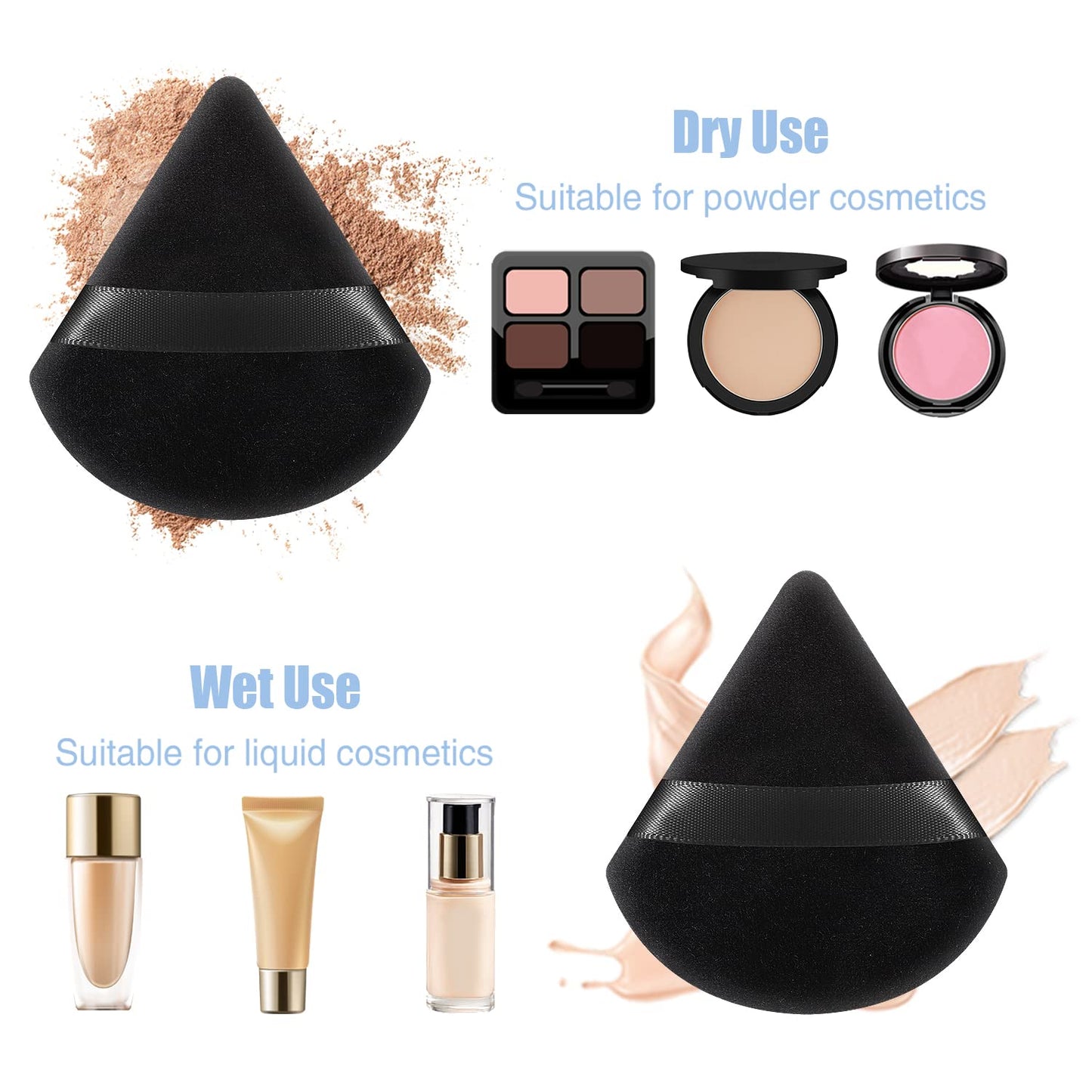 Pimoys 6 Pieces Powder Puff Face Makeup Sponge Soft Velour Triangle Powder Puffs Beauty Sponge Stocking Stuffers for Loose Powder (Black, Pink)
