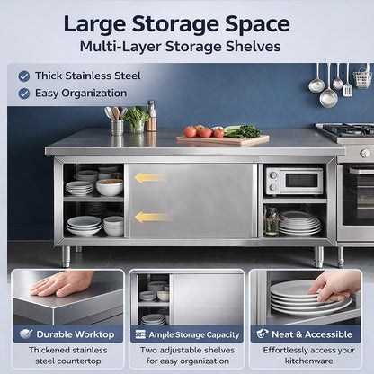 Stainless Steel Commercial Worktable, Heavy Duty Workbench w/Cabinet, Kitchen Prep Table w/Sliding Doors, Kitchen Prep Station for Restaurant, Food Service(100x60x80cm/39.3x23.6x31.4in)