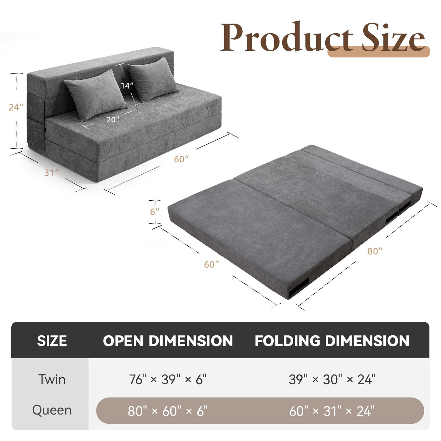 HOMFINE Folding Sofa Bed - Convertible Sleeper Chair with Pillow, Fold Out Couch, Memory Foam Floor Mattress, Futon Couch, Lazy Sofa for Living Room/Dorm/Guest Room/Home Office, Grey, Queen Size