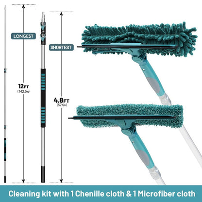 TelesPro 20 Feet High Reach Window Squeegee with 5-12Ft Extension Pole, Window Cleaner Tool with 3-Stage Telescoping Pole, Window Cleaning Kit with Rotatable Head (2 Squeegee & 2 Microfibre Cloths)
