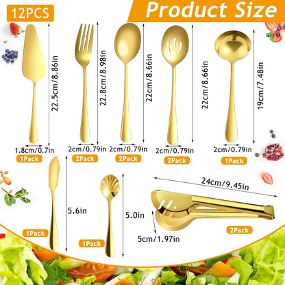 Gold Serving Utensils Set - 12 Pcs Stainless Steel with Slotted Spoons, Forks, Tongs, and Soup Ladle