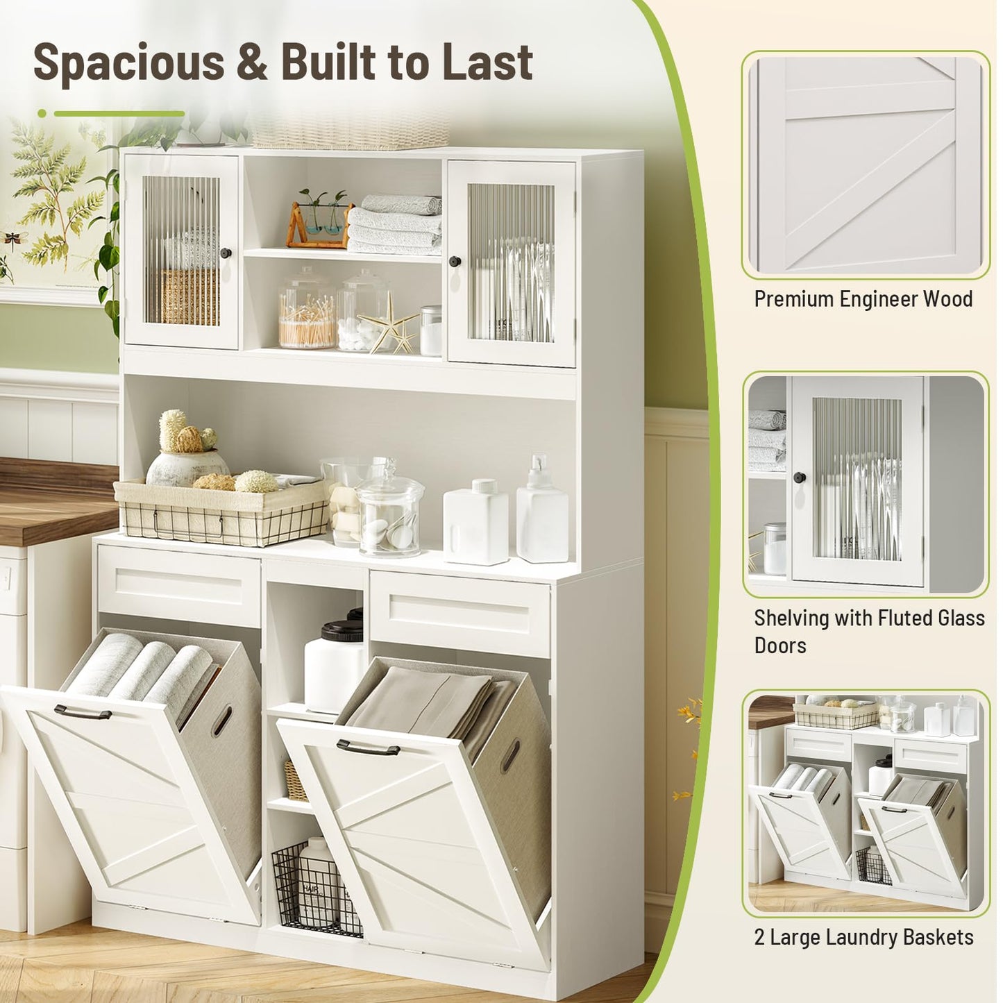 STHYTON Tall Tilt-Out Double Laundry Hamper Cabinet with 2x11-Gallon Hidden Laundry Basket, Tilt Out Trash Bin Cabinet with Fluted Glass Doors, Farmhouse Wooden Bathroom Storage with Push Doors, White