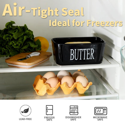 Hasense Butter Dish with Lid, Ceramic Butter Dish with Knife for Countertop, Airtight Covered Butter Keeper Container, Large Black Butter Holder for Refrigerator,Black