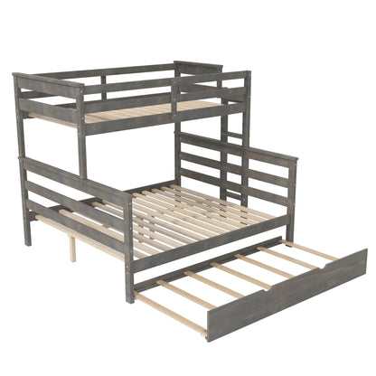 Merax Twin XL Over Queen Bunk Bed Wood Detachable Bunk Bed with Trundle & Ladder, Multifunction Bunk Bed,Can be Separated into 3 Beds, No Box Spring Needed,Space Saving,Gray