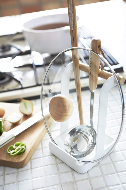 Yamazaki Home Ladle & Lid Rest - Kitchen Utensil Organizer Stand for Cooking, Steel + Wood, White