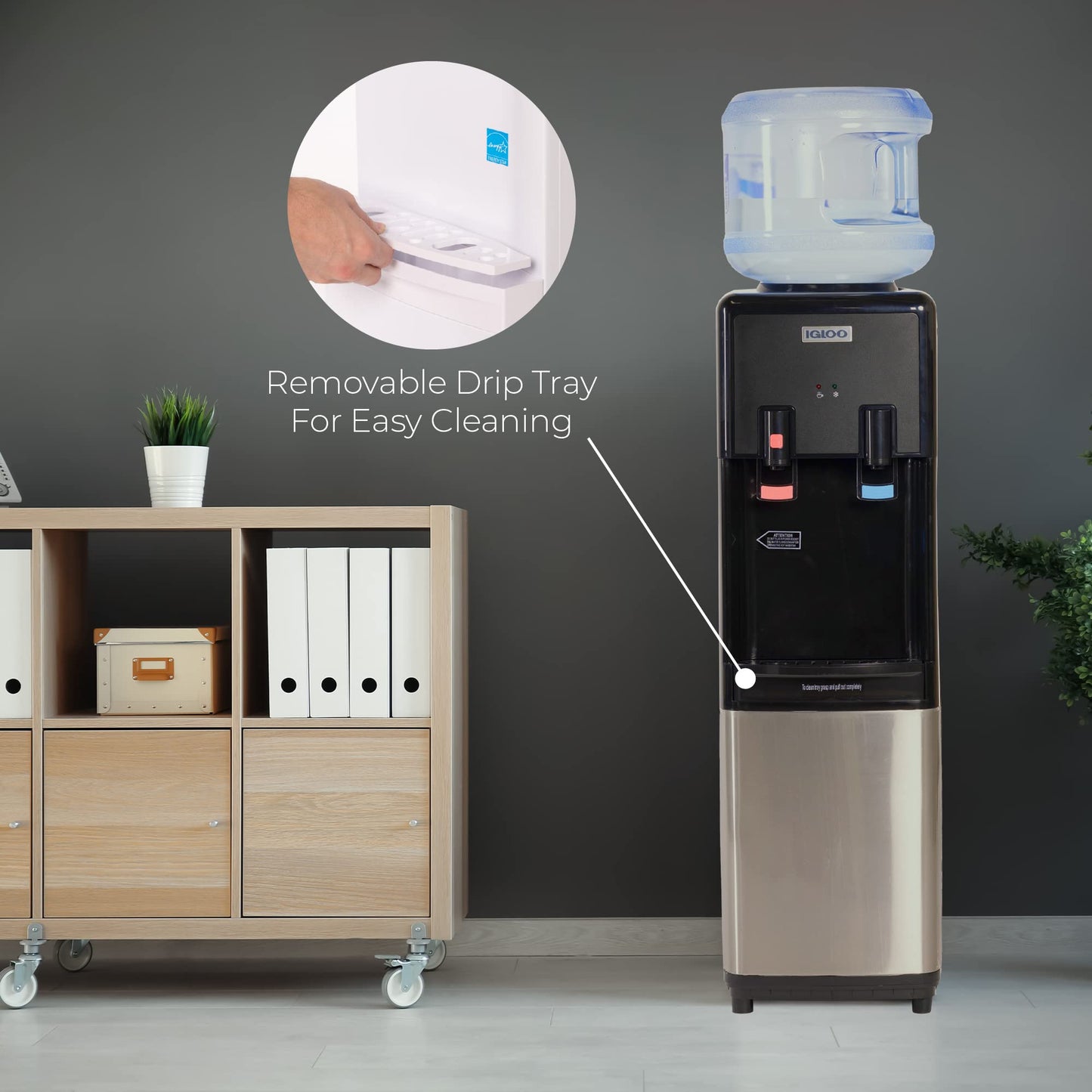 Igloo Top Loading Water Cooler with Removable Tray & Energy-Saving Features - Water Tower with Hot, Cold Temperature Settings- Water Dispenser Fits 3 & 5-Gallon Jugs with Child Safety Lock- Stainless