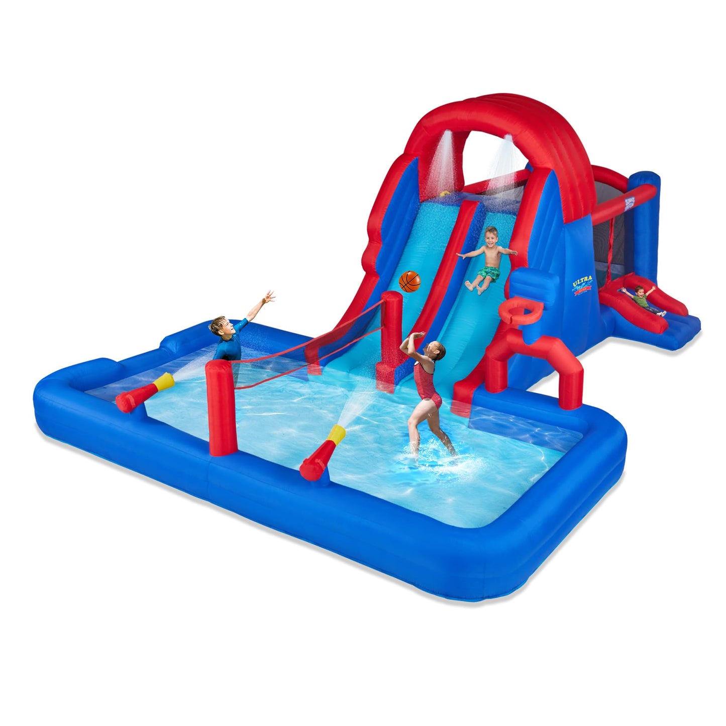Sunny & Fun Ultra All-Play Inflatable Water Slide Park – Heavy-Duty for Outdoor Fun - Climbing Wall, Slides, Bounce House, Volley Net, Hoop, Deep Pool – Inflate w/Included Air Pump & Carrying Case