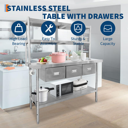 Garvee Stainless Steel Table with Drawers, 48" x 24" Commercial Work Tables with Undershelf, Metal Kitchen Prep Table for Home Restaurant Garage, Commercial Workbench