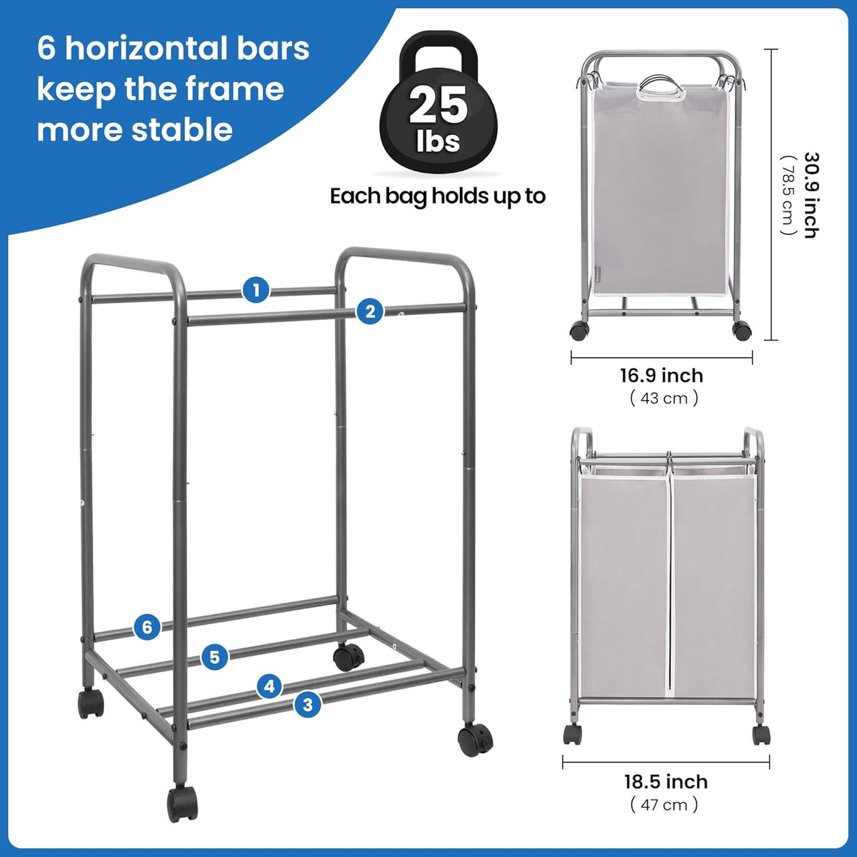 2 90 2 Closet, STORAGE MANIAC Laundry Sorter Section, L Gal Laundry Hamper with Wheels, Clothes Basket Separator