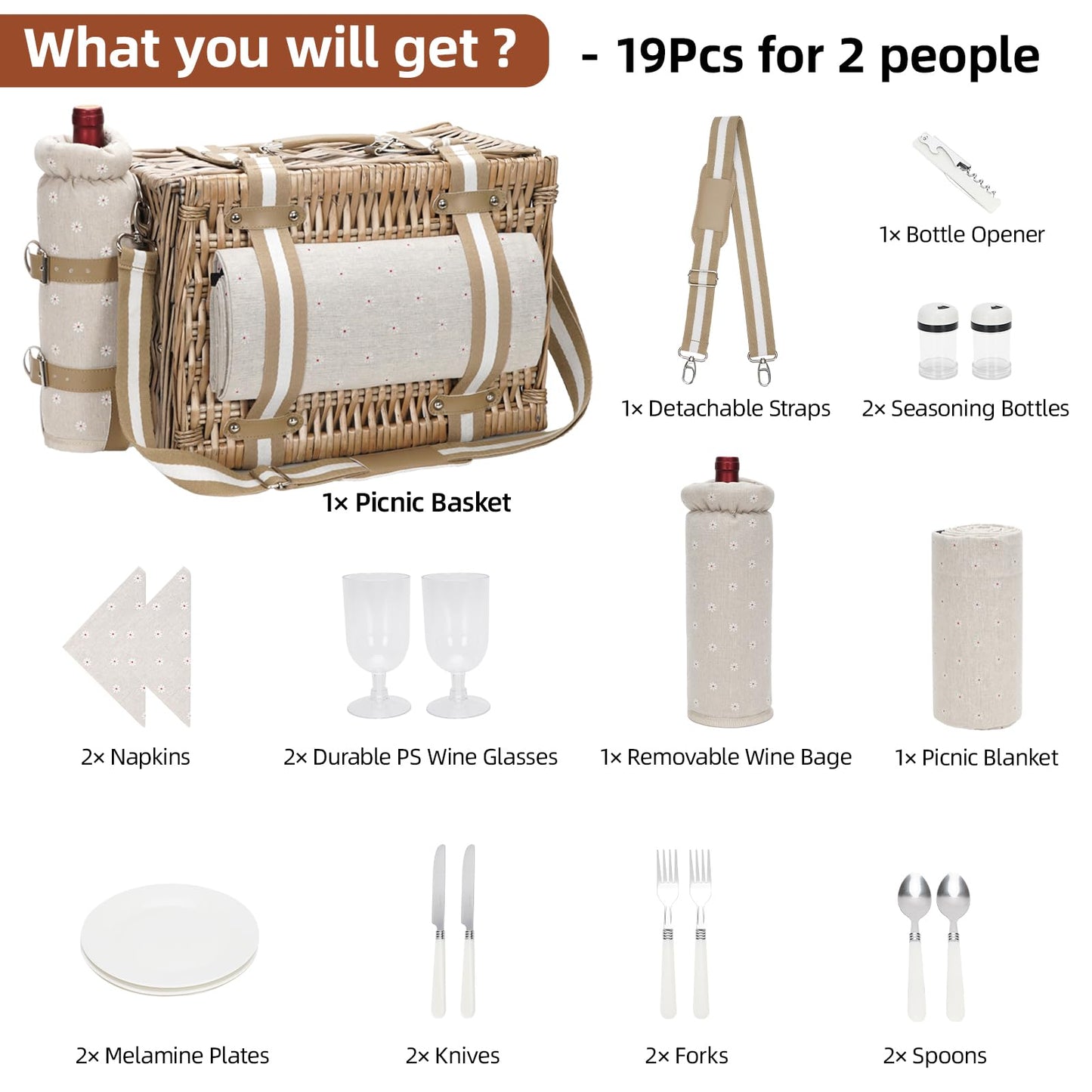G GOOD GAIN Picnic Basket for 2-19Pcs Wicker Picnic Set with Waterproof Blanket & Wine Bag| Large Picnic Hamper with Insulated Cooler & Cutlery Kit for Couples Camping,White Flower