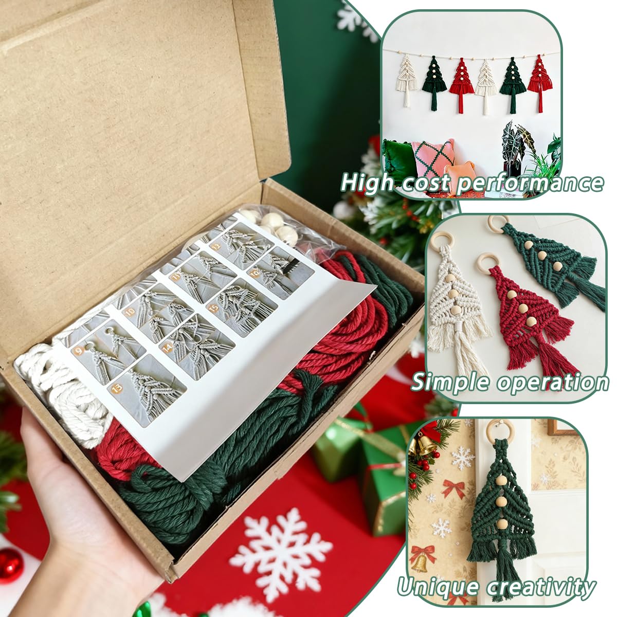Macrame Kit for Beginners with Step by Step Video Tutorials DIY Christmas Tree Wall Hanging Craft Kit for Adults Kids Family Festive Holiday Activity Creative Boho Home Decor Unique Gift Idea (A)