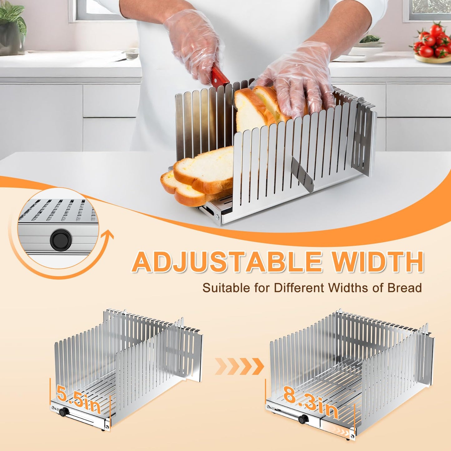 MOBBYKO Stainless steel Bread Slicer for Homemade Bread,Adjustable Width,Foldable Compact,Bread Slicing Guide,Bread Loaf Slicer,for Cakes,Bagels,slice is 0.5",Bread width: 5.5"-8.3"(Silvers)