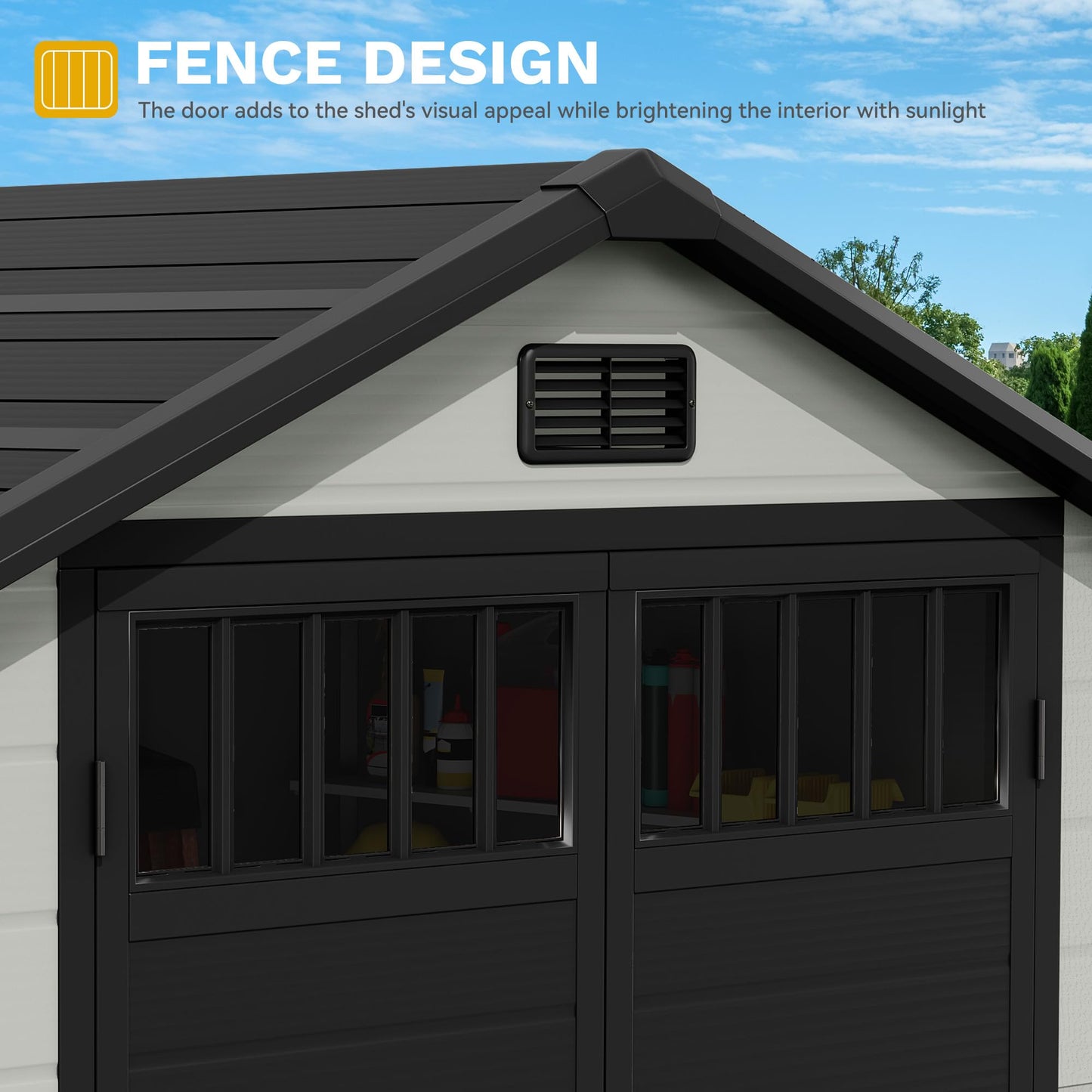 DWVO 6x4.4 FT Resin Storage Shed with Fence-Style and Side Windows, Lockable Door, and Vents for Garden, Backyard, Patio, Lawn, Blue-Gray