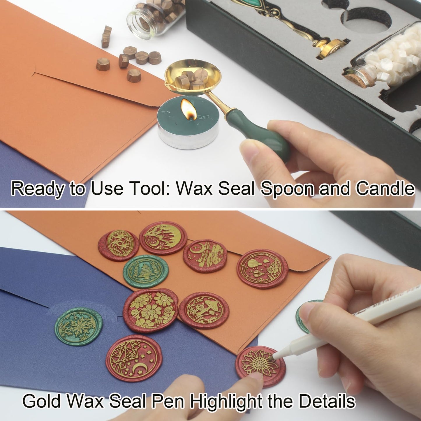 Letter Wax Seal Stamp Kit, Andotopee Wax Seal Kit Initial Alphabet R Sealing Wax Stamp Head 3pcs, Vintage Wax Stamp Seal Kit with Wax Seal Beads, Wax Seal Warmer Tools, Wax Seal Pen, Gift Box Set