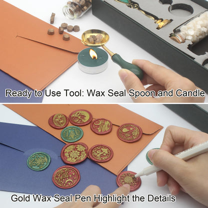 Letter Wax Seal Stamp Kit, Andotopee Wax Seal Kit Initial Alphabet R Sealing Wax Stamp Head 3pcs, Vintage Wax Stamp Seal Kit with Wax Seal Beads, Wax Seal Warmer Tools, Wax Seal Pen, Gift Box Set